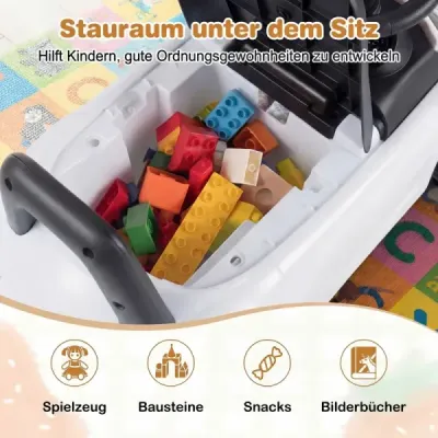 Detské autíčko so svetlom, ochranou proti prevráteniu a úložným priestorom pod sedadlom. Hračka na odrážadlo pre deti, biela.