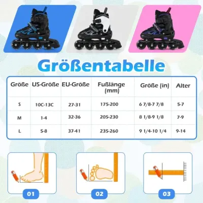 Detské kolieskové korčule, 4 nastaviteľné veľkosti, inline korčule so svietiacimi kolieskami, veľkosť M (EU 32-36)