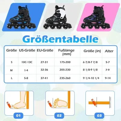 Detské kolieskové korčule, 4 nastaviteľné veľkosti, inline korčule so svietiacimi kolieskami, veľkosť L (EU 37-41)