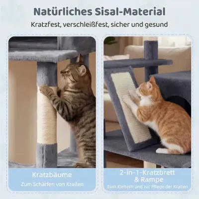 Škrabadlo pre mačky 158 cm, viacúrovňové, vyhliadkové miesto, hojdacia sieť, sisalové škrabadlá, lezecký stojan pre mačiatka, tmavosivý