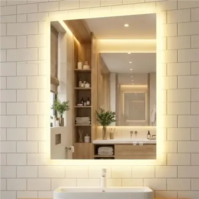 Kúpeľňové zrkadlo s LED osvetlením 80 x 60 cm, obdĺžnikové nástenné zrkadlo s pamäťovou funkciou proti zahmlievaniu, strieborné