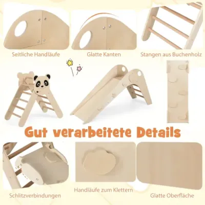 Sada trojuholníkových lezeckých prekážok Skladacie lezecké prekážky Montessori z dreva s motívom pandy, prírodná farba