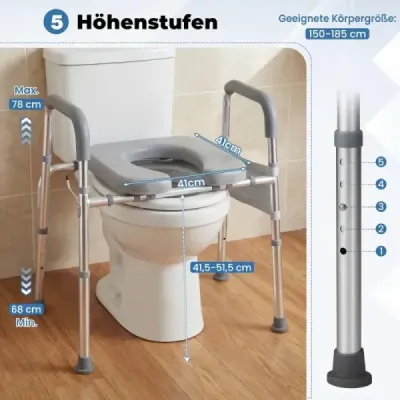 Zdvíhacia časť toaletného sedadla s úchytkami, polstrované sedadlo a hliníkový rám, strieborná