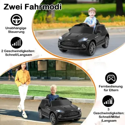 Elektrické detské auto s licencovaným elektrickým vozidlom Aston Martin s klaksónom, hudbou a LED svetlami, čierne