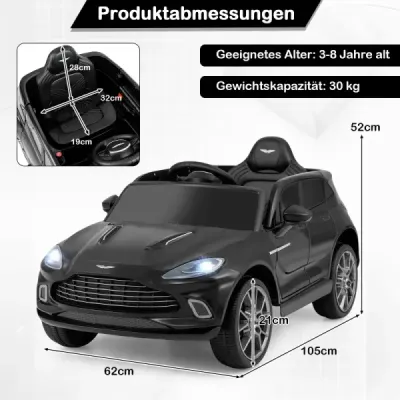 Elektrické detské auto s licencovaným elektrickým vozidlom Aston Martin s klaksónom, hudbou a LED svetlami, čierne