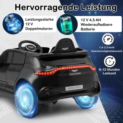 Elektrické detské auto s licencovaným elektrickým vozidlom Aston Martin s klaksónom, hudbou a LED svetlami, čierne