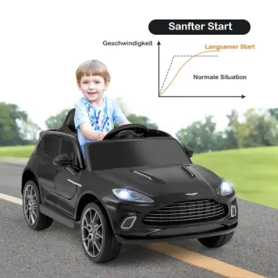 Elektrické detské auto s licencovaným elektrickým vozidlom Aston Martin s klaksónom, hudbou a LED svetlami, čierne