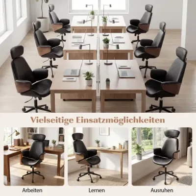 Ergonomická kancelárska stolička so zaoblenými podrúčkami, operadlom a opierkou hlavy. Kancelárske kreslo, otočné kreslo.