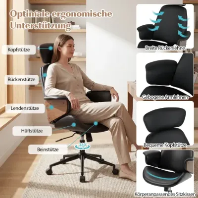 Ergonomická kancelárska stolička so zaoblenými podrúčkami, operadlom a opierkou hlavy. Kancelárske kreslo, otočné kreslo.