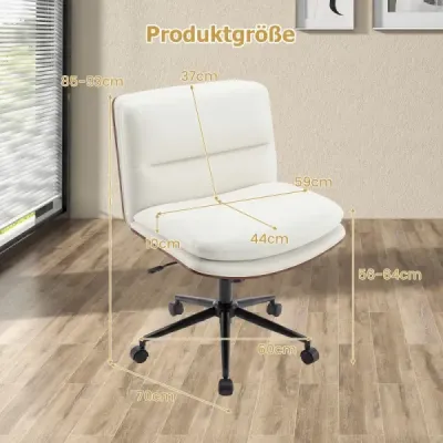 Stolička s prekríženými nohami a kolieskami, čalúnená kancelárska stolička bez podrúčok, otočná stolička, biela