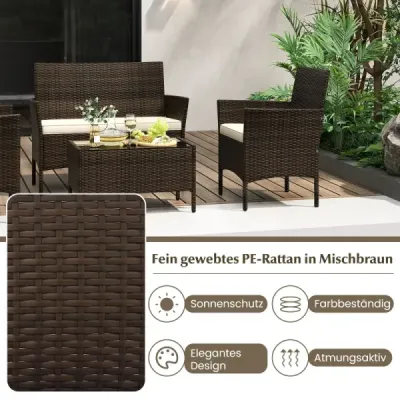 Záhradný ratanový nábytok, sedacia súprava s 2 kreslami, lavicou, stolom a podsedákmi, hnedá.