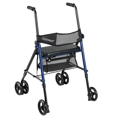 Skladací pojazdný vozík so sedadlom a taškou, 8 výškovo nastaviteľných polôh, ľahký, 15 cm kolieska, pre seniorov, modrý