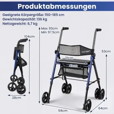 Skladací pojazdný vozík so sedadlom a taškou, 8 výškovo nastaviteľných polôh, ľahký, 15 cm kolieska, pre seniorov, modrý