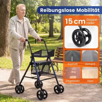 Skladací pojazdný vozík so sedadlom a taškou, 8 výškovo nastaviteľných polôh, ľahký, 15 cm kolieska, pre seniorov, modrý