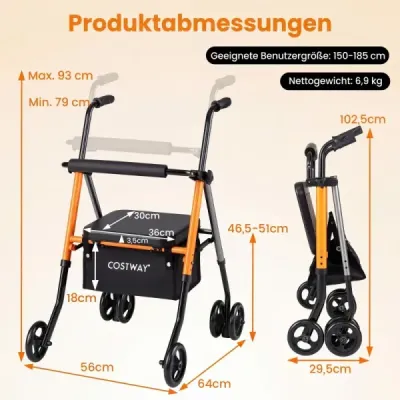 Skladací cestovný vozík, výškovo nastaviteľný so sedadlom a košíkom, ľahký hliník, do 136 kg, pre seniorov, oranžový