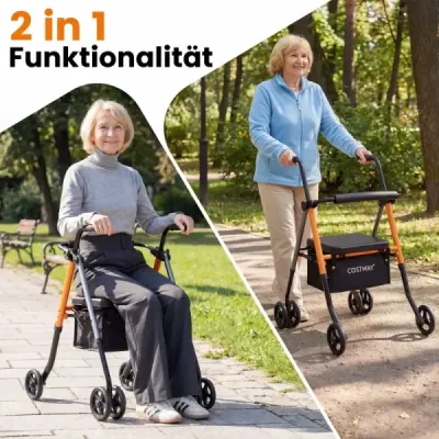Skladací cestovný vozík, výškovo nastaviteľný so sedadlom a košíkom, ľahký hliník, do 136 kg, pre seniorov, oranžový