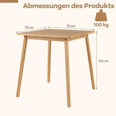 Štvorcový bambusový jedálenský stôl, 70 cm, masívne drevo, pre 2-4 osoby, vhodný do malých priestorov, prírodný.