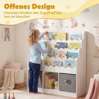 Drevená detská knižnica so 4 policami, 1 priehradkou a 2 látkovými zásuvkami, štýl Montessori, 90x30x91,5 cm, do detských izieb, biela