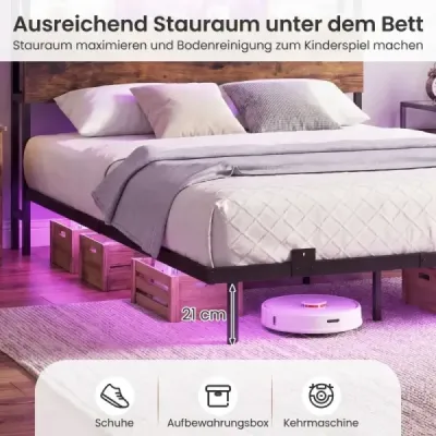 Posteľ s nabíjacou stanicou a LED osvetlením, čelo postele s úložným priestorom, rám postele s lamelovým roštom, manželská posteľ