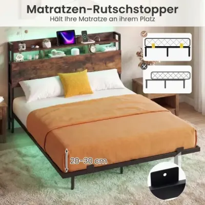 Posteľ s nabíjacou stanicou a LED osvetlením, čelo postele s úložným priestorom, rám postele s lamelovým roštom, manželská posteľ