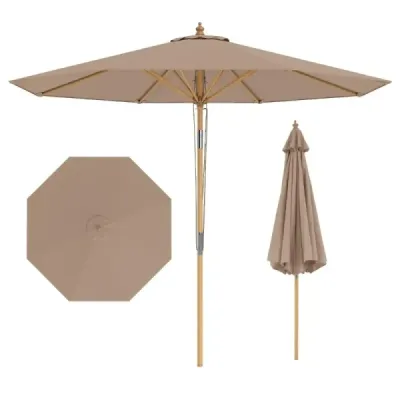 Slnečník 270 cm, naklápateľný o 30° na obe strany, drevený záhradný slnečník, balkónový slnečník, khaki hnedá