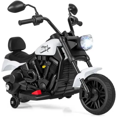 Detská motorka Chopper 6V s hudbou, svetlometom, pedálom a 2 pomocnými kolesami, biela