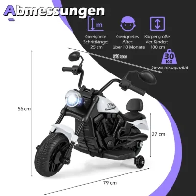 Detská motorka Chopper 6V s hudbou, svetlometom, pedálom a 2 pomocnými kolesami, biela