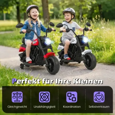 Detská motorka Chopper 6V s hudbou, svetlometom, pedálom a 2 pomocnými kolesami, biela