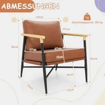 Dekoračná stolička, umelá koža, operadlo, kovový rám, kreslo, obývačka, kancelária, hnedá