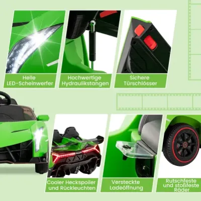 Detské elektrické auto Lamborghini s diaľkovým ovládaním, LED svetlometmi, klaksónom a hudbou - zelené