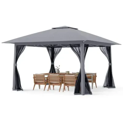 Výsuvný pavilón 394x394 cm so sieťovanými stenami, dvojitou strechou, prenosnou taškou, ľahko sa montuje, do záhrady, na terasu, sivý