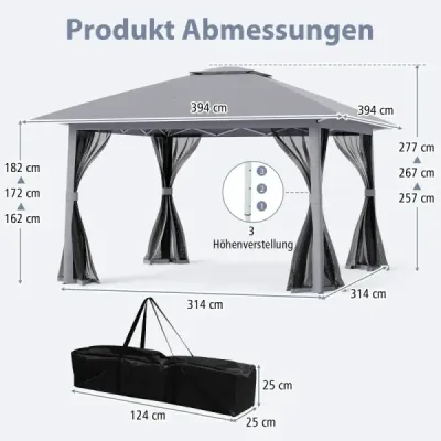 Výsuvný pavilón 394x394 cm so sieťovanými stenami, dvojitou strechou, prenosnou taškou, ľahko sa montuje, do záhrady, na terasu, sivý