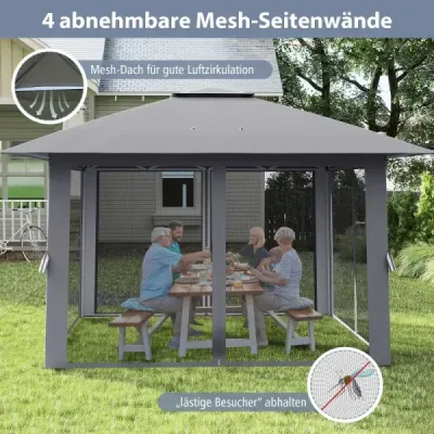 Výsuvný pavilón 394x394 cm so sieťovanými stenami, dvojitou strechou, prenosnou taškou, ľahko sa montuje, do záhrady, na terasu, sivý