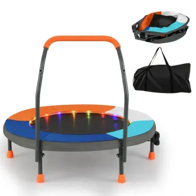 90 cm mini trampolína so svetlami, skladacia, penová rukoväť, ochranný kryt pre batoľatá, oranžová + námornícka modrá