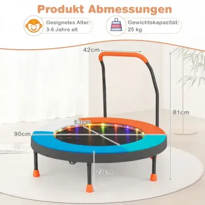 90 cm mini trampolína so svetlami, skladacia, penová rukoväť, ochranný kryt pre batoľatá, oranžová + modrá