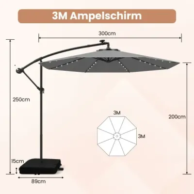 Konzolový slnečník Ø300 cm so 40 solárnymi LED svetlami a vrecami s pieskom a kľukou a UV ochranou slnečník sivý