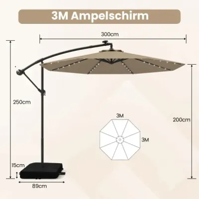 Konzolový dáždnik Ø300 cm so 40 solárnymi LED svetlami a vrecami s pieskom a kľukou a slnečníkom s UV ochranou hnedý