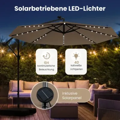 Konzolový dáždnik Ø300 cm so 40 solárnymi LED svetlami a vrecami s pieskom a kľukou a slnečníkom s UV ochranou hnedý