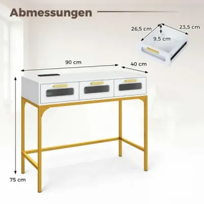 Konzolový stolík, predsieňový stolík s LED osvetlením a nabíjacou stanicou, úzky konferenčný stolík, biely, 90 x 40 x 75 cm