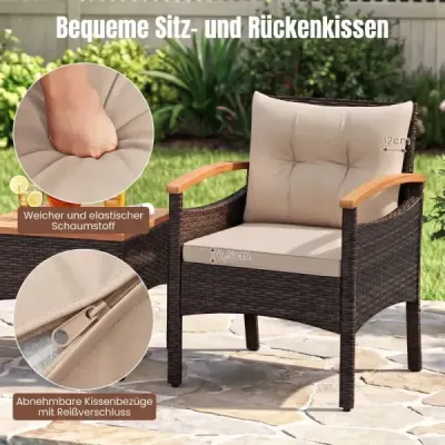 3-dielna ratanová záhradná súprava, akáciový stôl, vankúše do záhrady, na verandu, k bazénu, hnedá