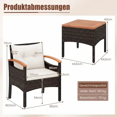 3 Teilig Rattan Garten Set Akazientisch Kissen Für Garten Veranda Poolbereich Weiß