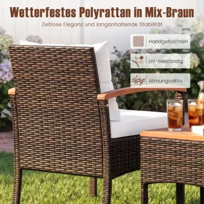 3 Teilig Rattan Garten Set Akazientisch Kissen Für Garten Veranda Poolbereich Weiß