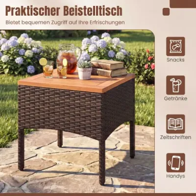 3 Teilig Rattan Garten Set Akazientisch Kissen Für Garten Veranda Poolbereich Weiß