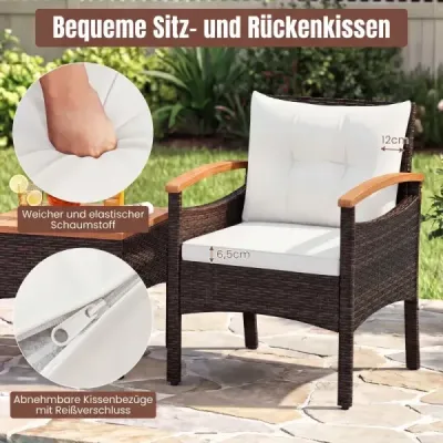 3 Teilig Rattan Garten Set Akazientisch Kissen Für Garten Veranda Poolbereich Weiß