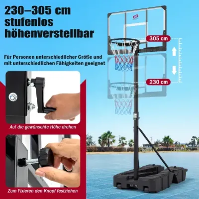Výškovo nastaviteľný basketbalový kôš 230-305 cm s kolieskami pre deti aj dospelých, čierny