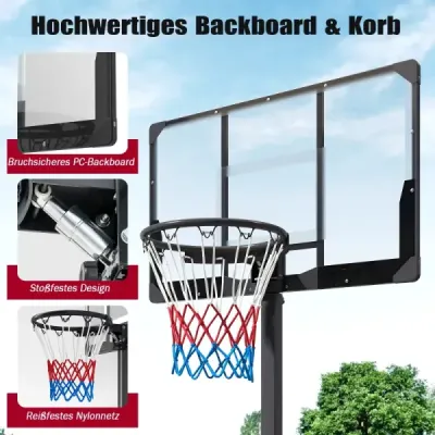 Výškovo nastaviteľný basketbalový kôš 230-305 cm s kolieskami pre deti aj dospelých, čierny