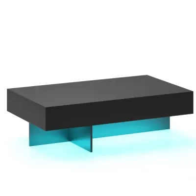 Konferenčný stolík s LED osvetlením, vysoký lesk, 3 zásuvky, diaľkové ovládanie, 120x70x35cm, biely imitácia mramoru, čierny