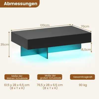 Konferenčný stolík s LED osvetlením, vysoký lesk, 3 zásuvky, diaľkové ovládanie, 120x70x35cm, biely imitácia mramoru, čierny