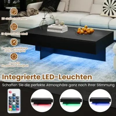 Konferenčný stolík s LED osvetlením, vysoký lesk, 3 zásuvky, diaľkové ovládanie, 120x70x35cm, biely imitácia mramoru, čierny