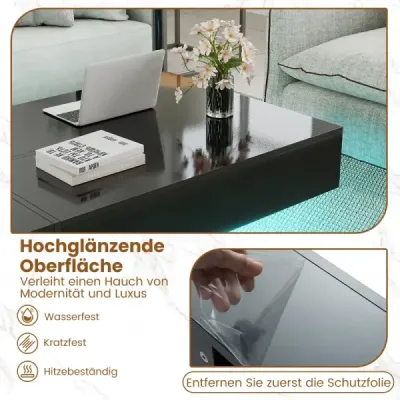 Konferenčný stolík s LED osvetlením, vysoký lesk, 3 zásuvky, diaľkové ovládanie, 120x70x35cm, biely imitácia mramoru, čierny